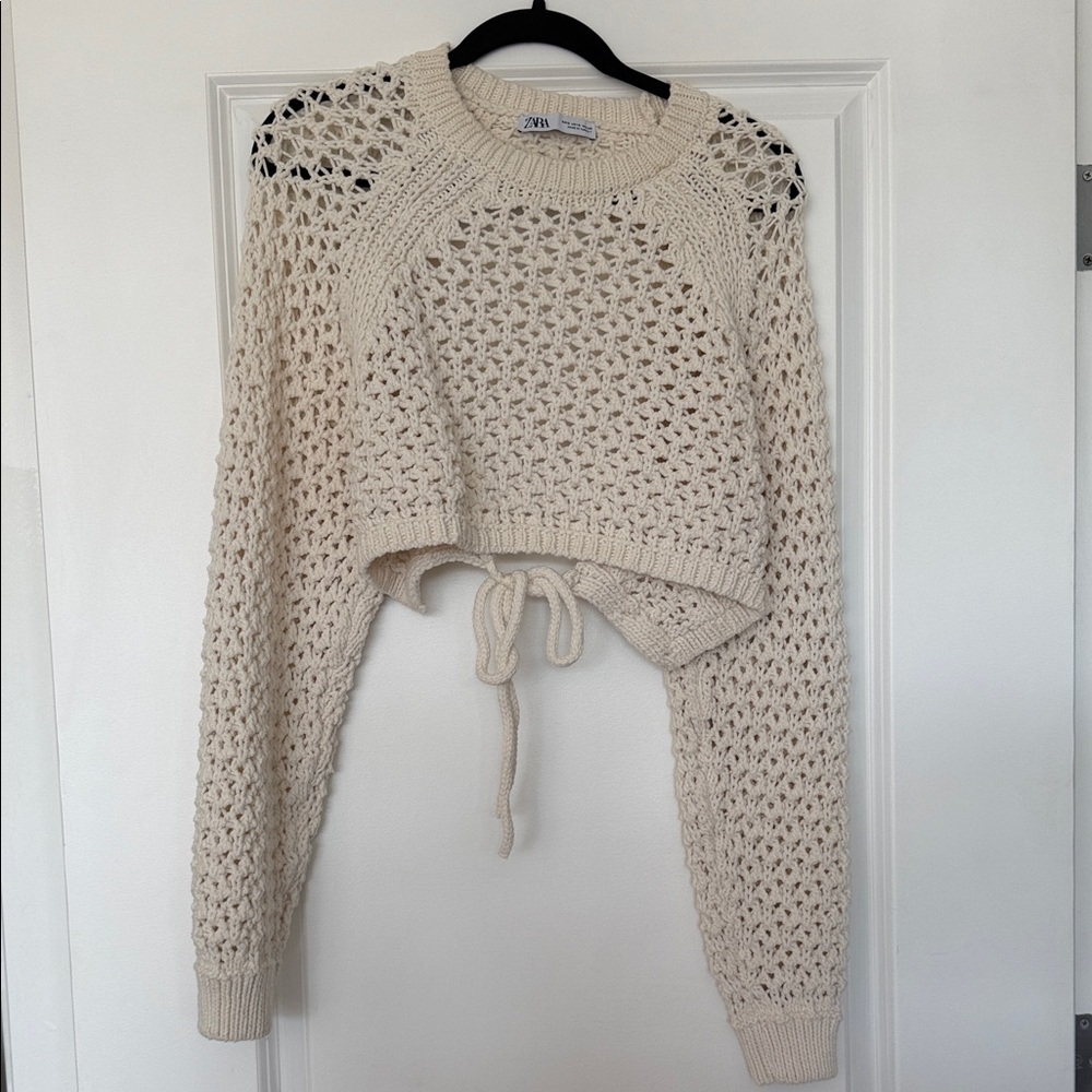 Zara Cream Open-Knit Cropped Crew Sweater with Drawstring